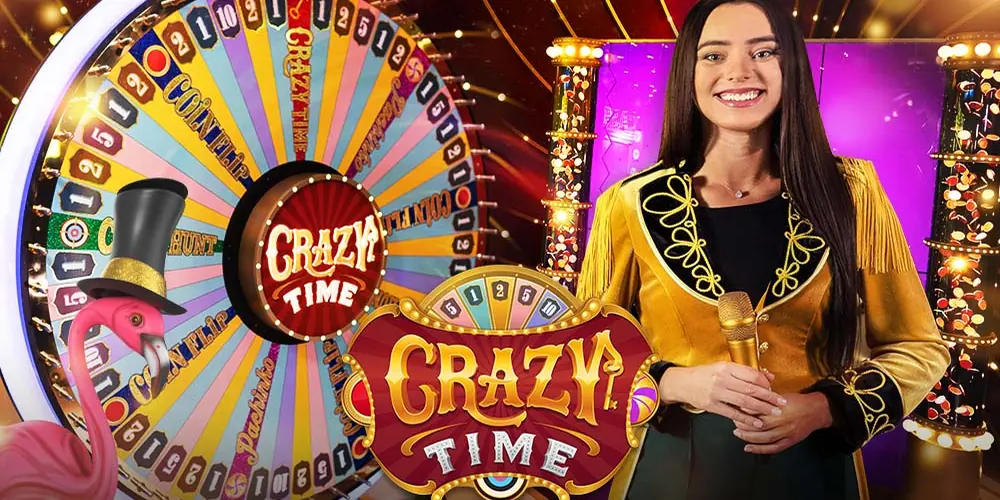La ruota di Crazy Time nello studio Evolution, con la conduttrice accanto al logo del gioco