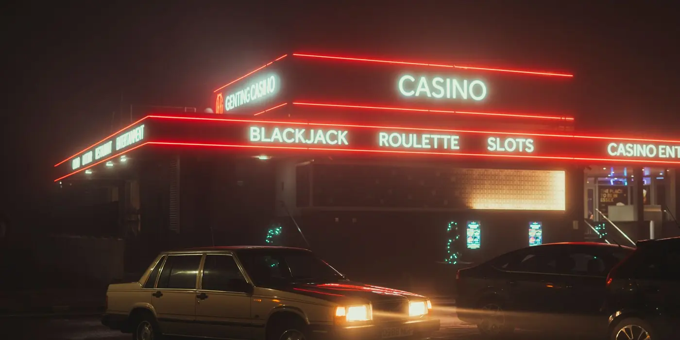 Insegna al neon di un casinò di notte con auto parcheggiate
